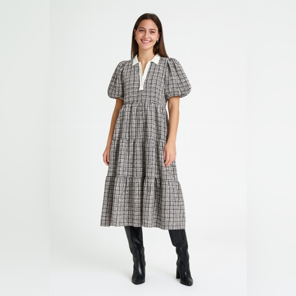 English Factory plaid A-line tiered midi dress - Picture 3 of 13